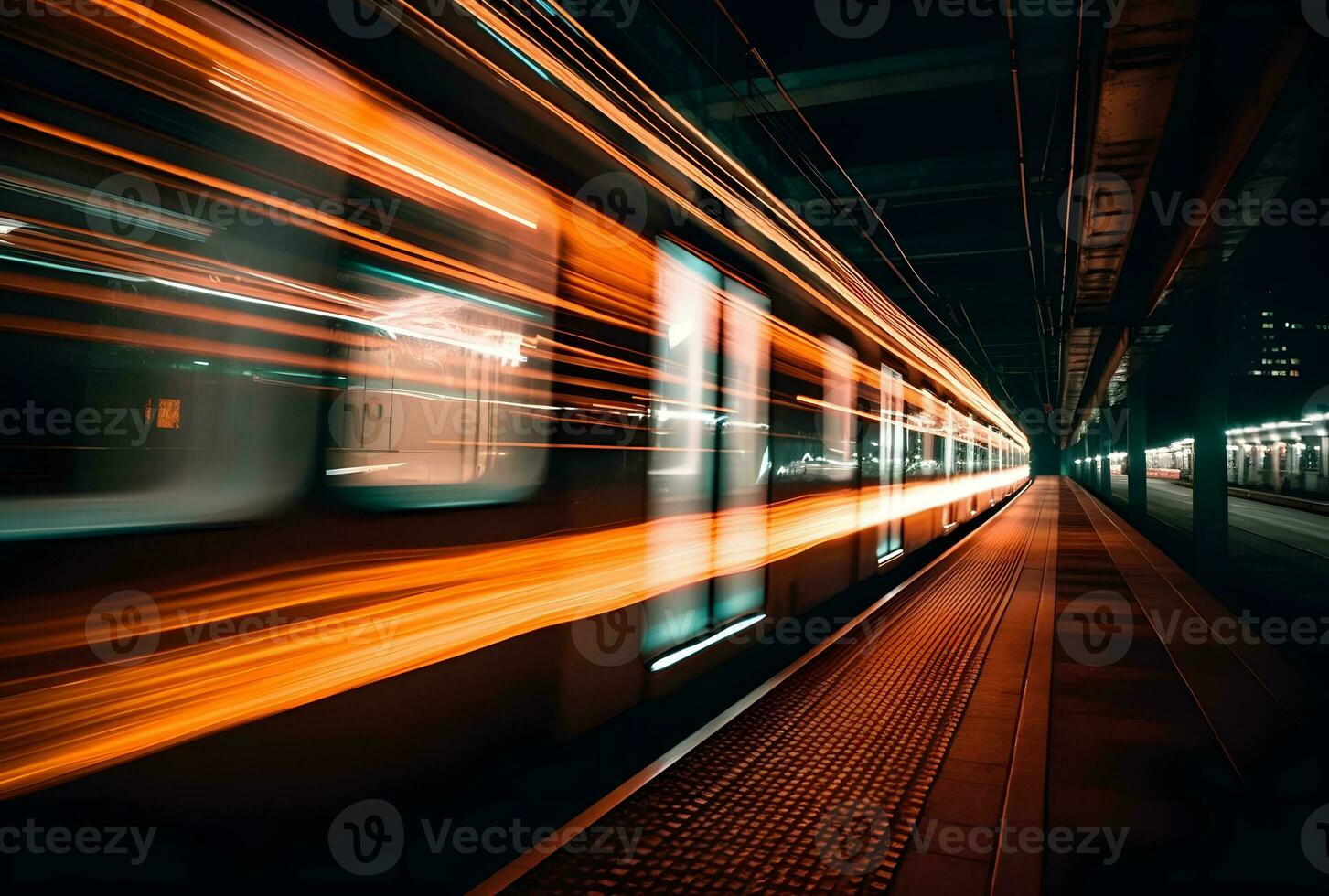 AI generated A beautiful long exposure of a train passing by at the underground station photo