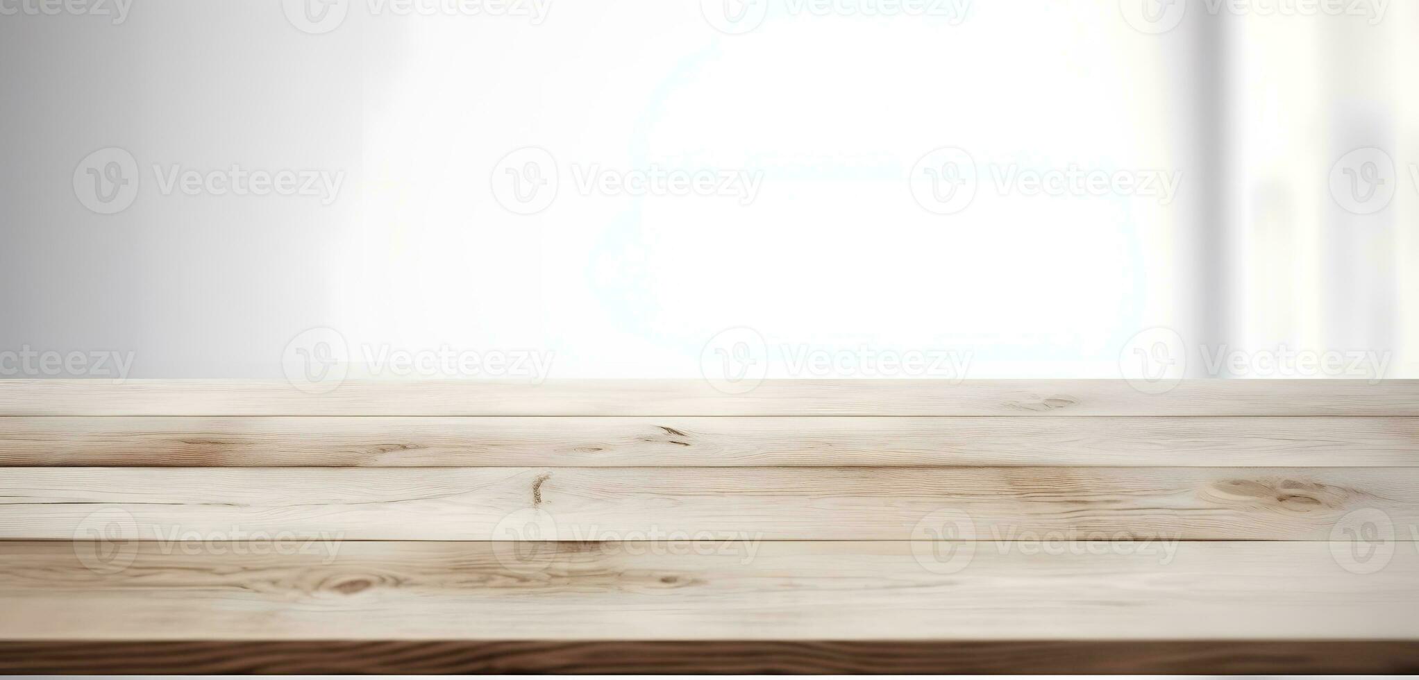 AI generated Light wood table top on blur white gray abstract background - can be used for display or montage your products photo