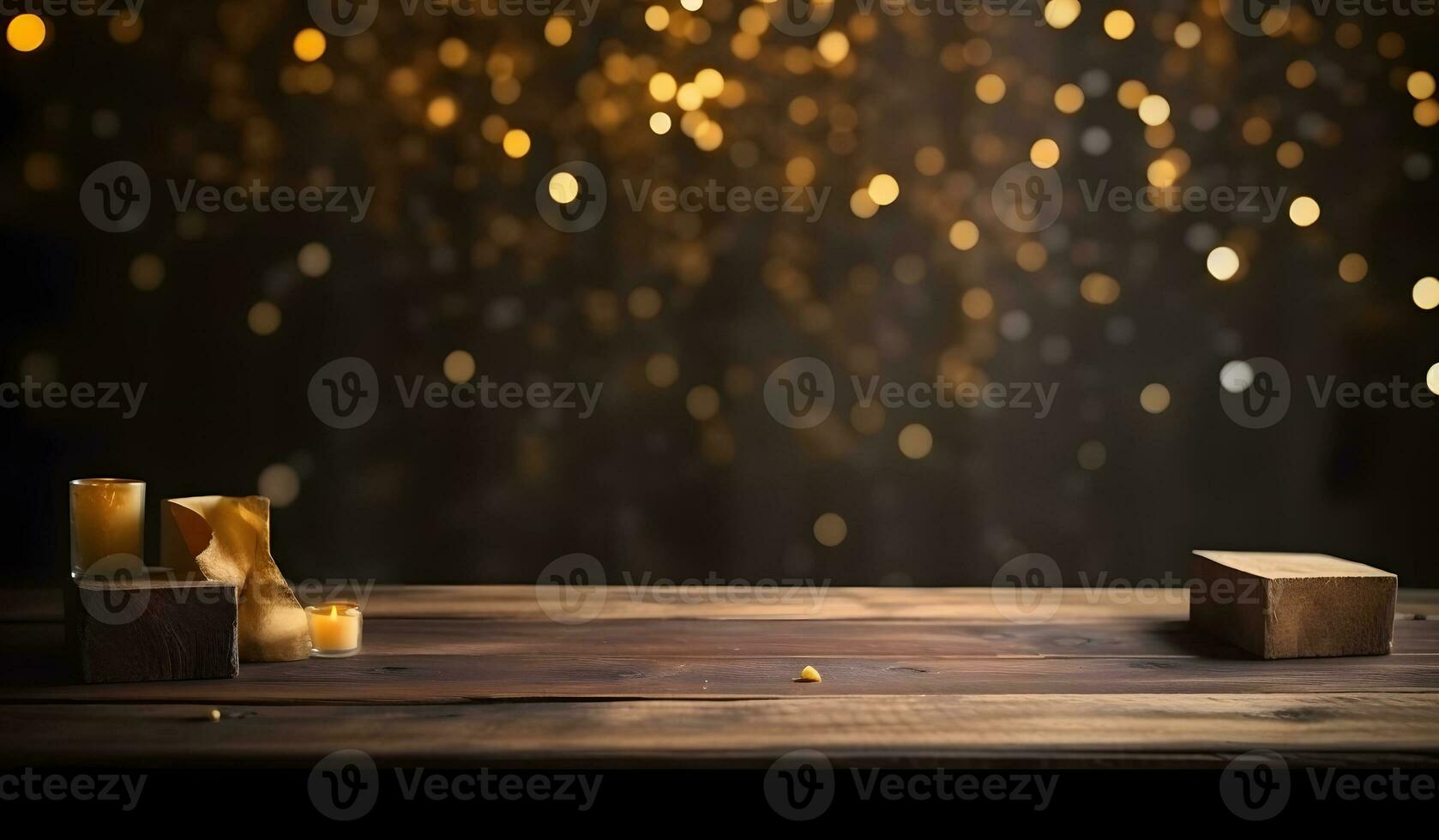 AI generated Wood table top of blurred abstract gold bokeh background with christmas lights. photo