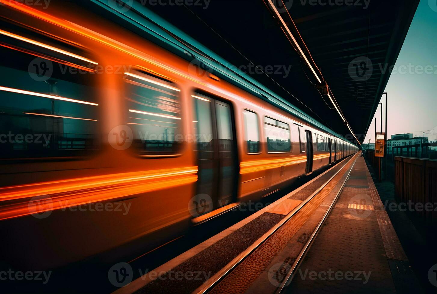 ai generado un hermosa largo exposición de un tren paso por a el subterráneo estación foto