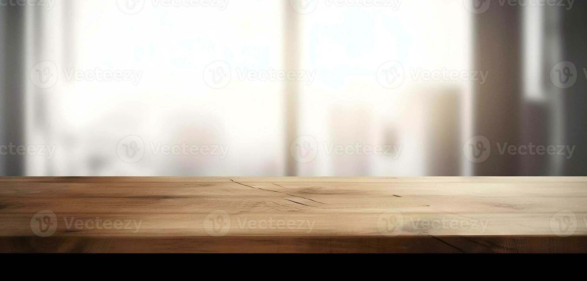 AI generated Light wood table top on blur white gray abstract background - can be used for display or montage your products photo