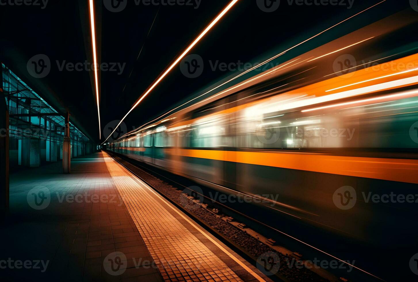 AI generated A beautiful long exposure of a train passing by at the underground station photo