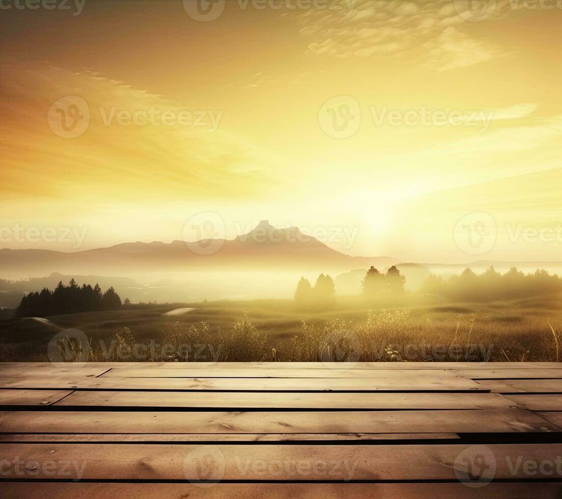 AI generated empty vintage table for product display montage with golden sunrise over misty hills photo