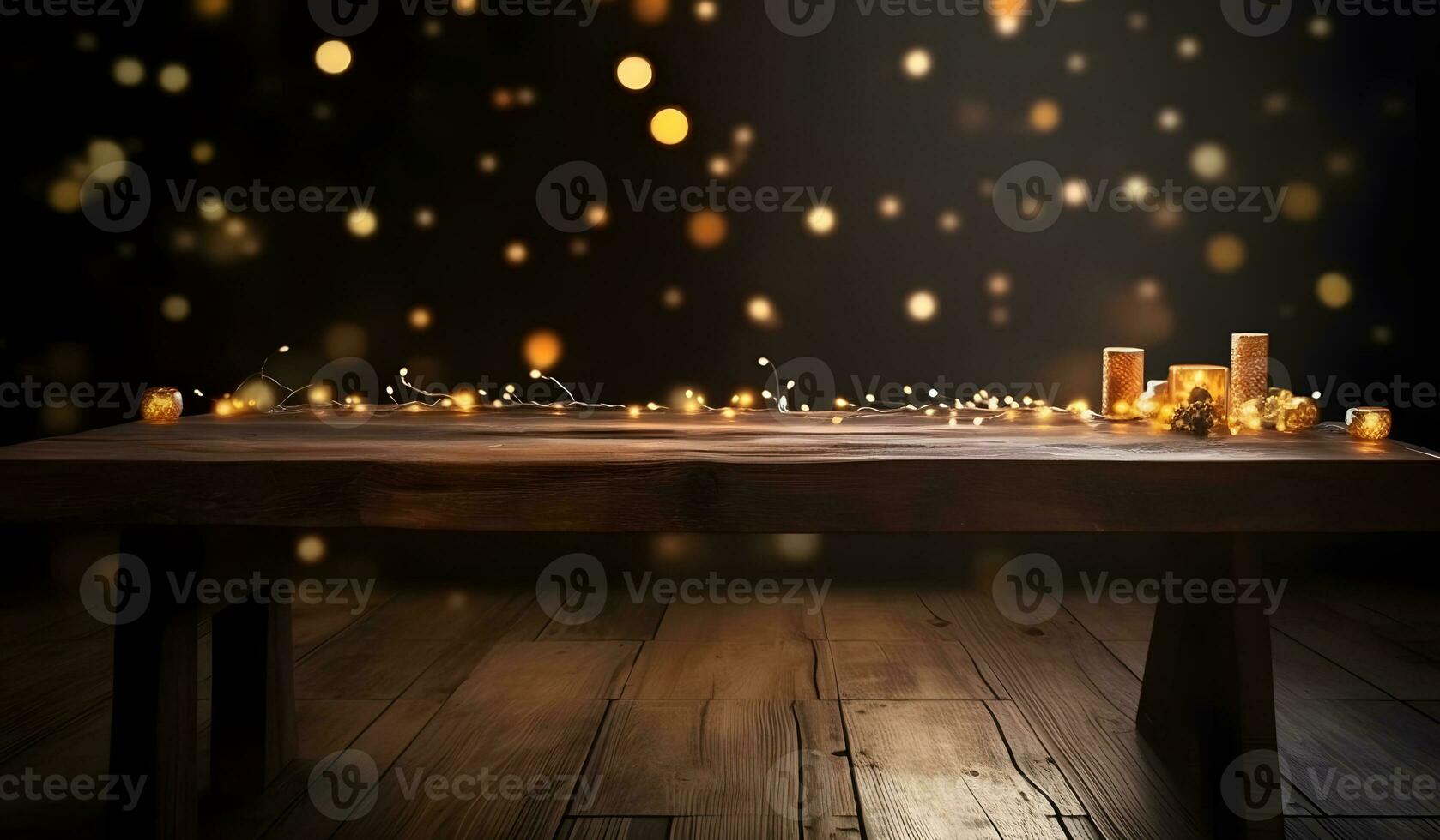 AI generated Wood table top of blurred abstract gold bokeh background with christmas lights. photo