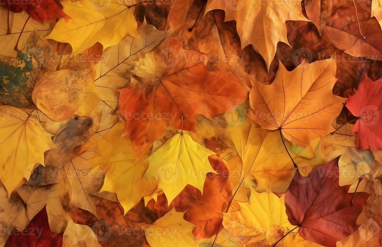 AI generated Autumn background of yellow and red maple leaves on the ground photo