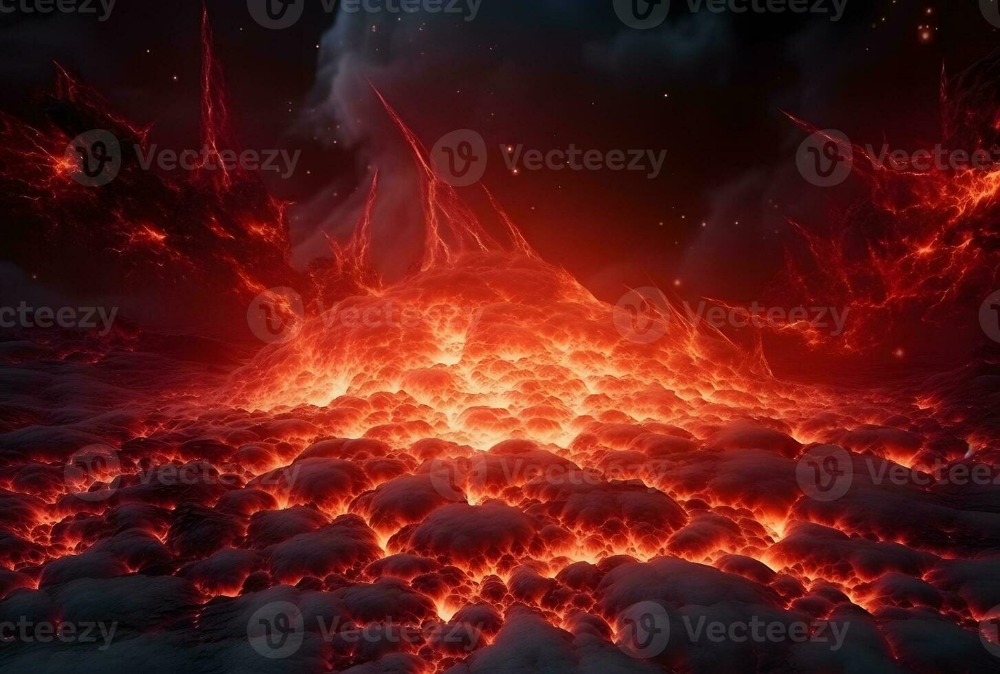AI generated Close-up of molten lava flowing from a volcano photo
