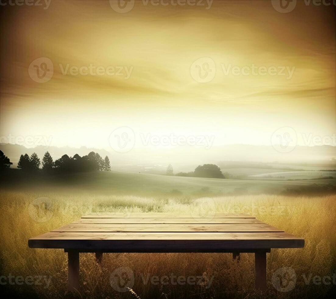 AI generated empty vintage table for product display montage with golden sunrise over misty hills photo