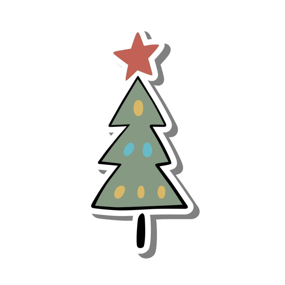 Christmas Tree with Star on white silhouette and gray shadow. Vector illustration for decoration or any design.