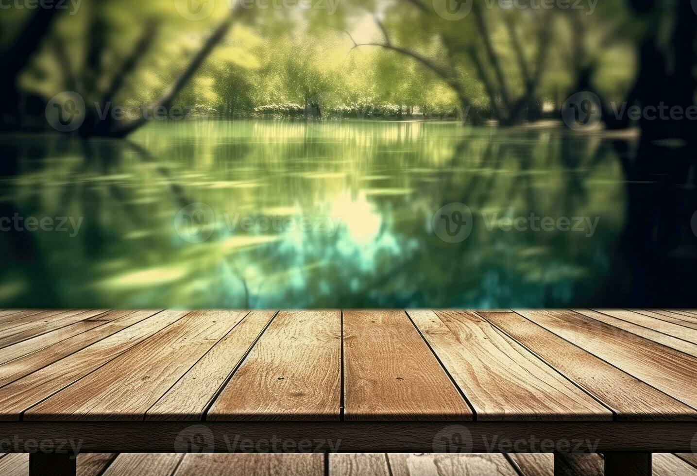 AI generated Wooden table top with natural green background of blurred lake photo