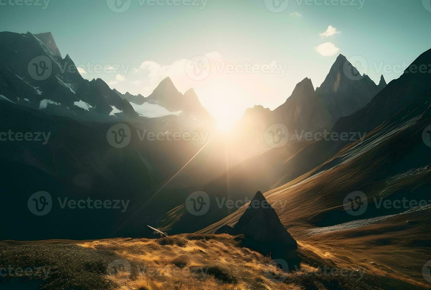 AI generated A sun shining over a mountain range under blue sky photo