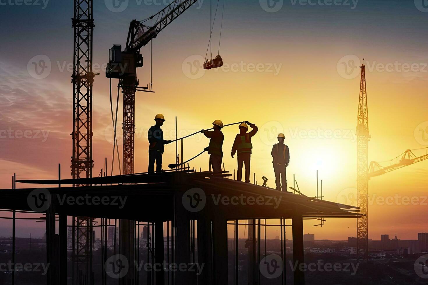 AI generated Silhouette of Engineer and worker with clipping path on building site, construction site at sunset in evening time. photo