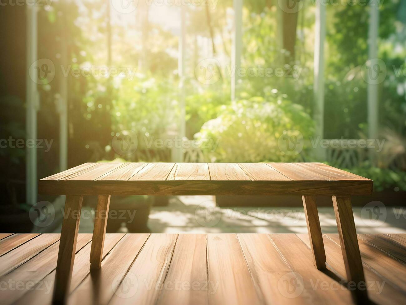 AI generated vintage wooden board table in front of dreamy and abstract park landscape photo