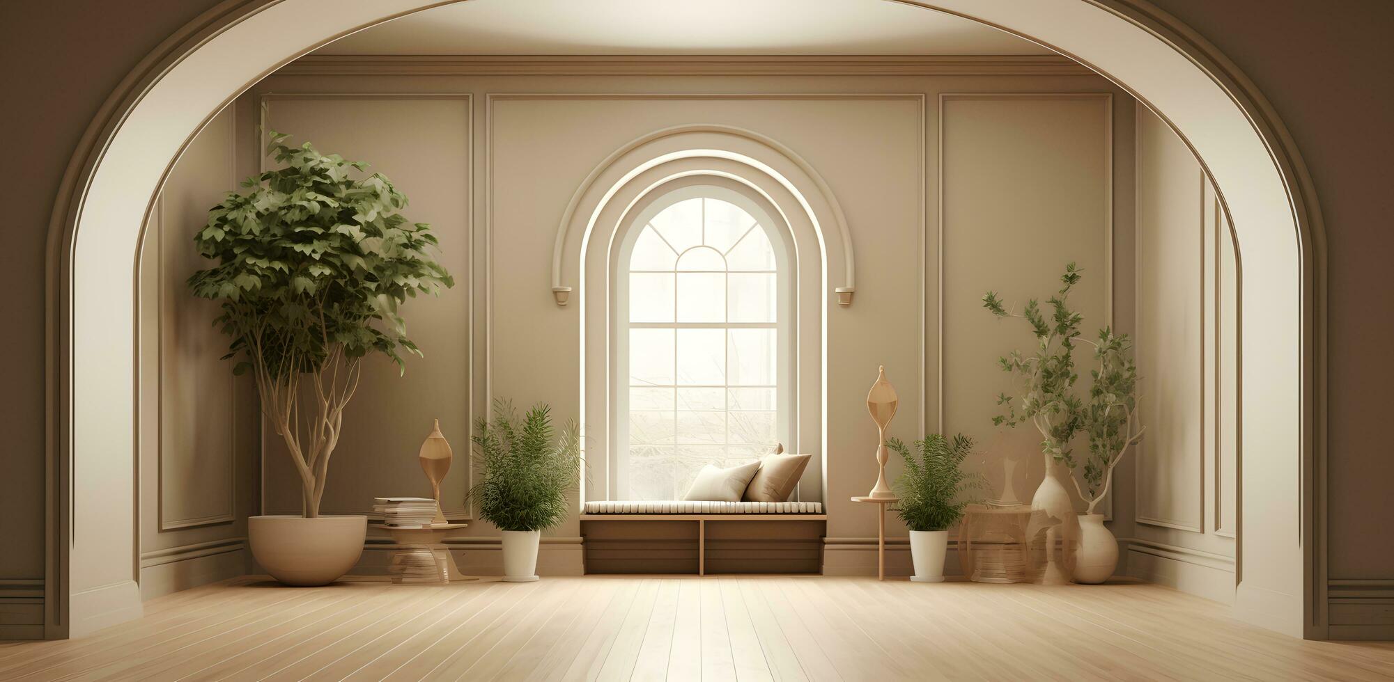 AI generated Mock up of empty room in beige color with table, vase and winter landscape in window photo