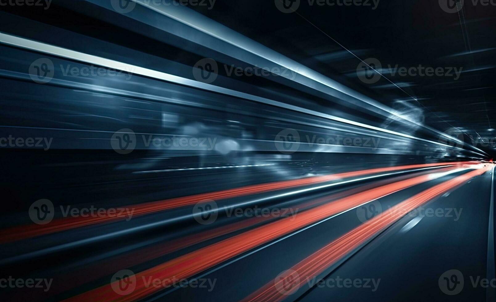 AI generated Long exposure shot of a busy street at night creating dynamic effect of the vehicle lights. photo