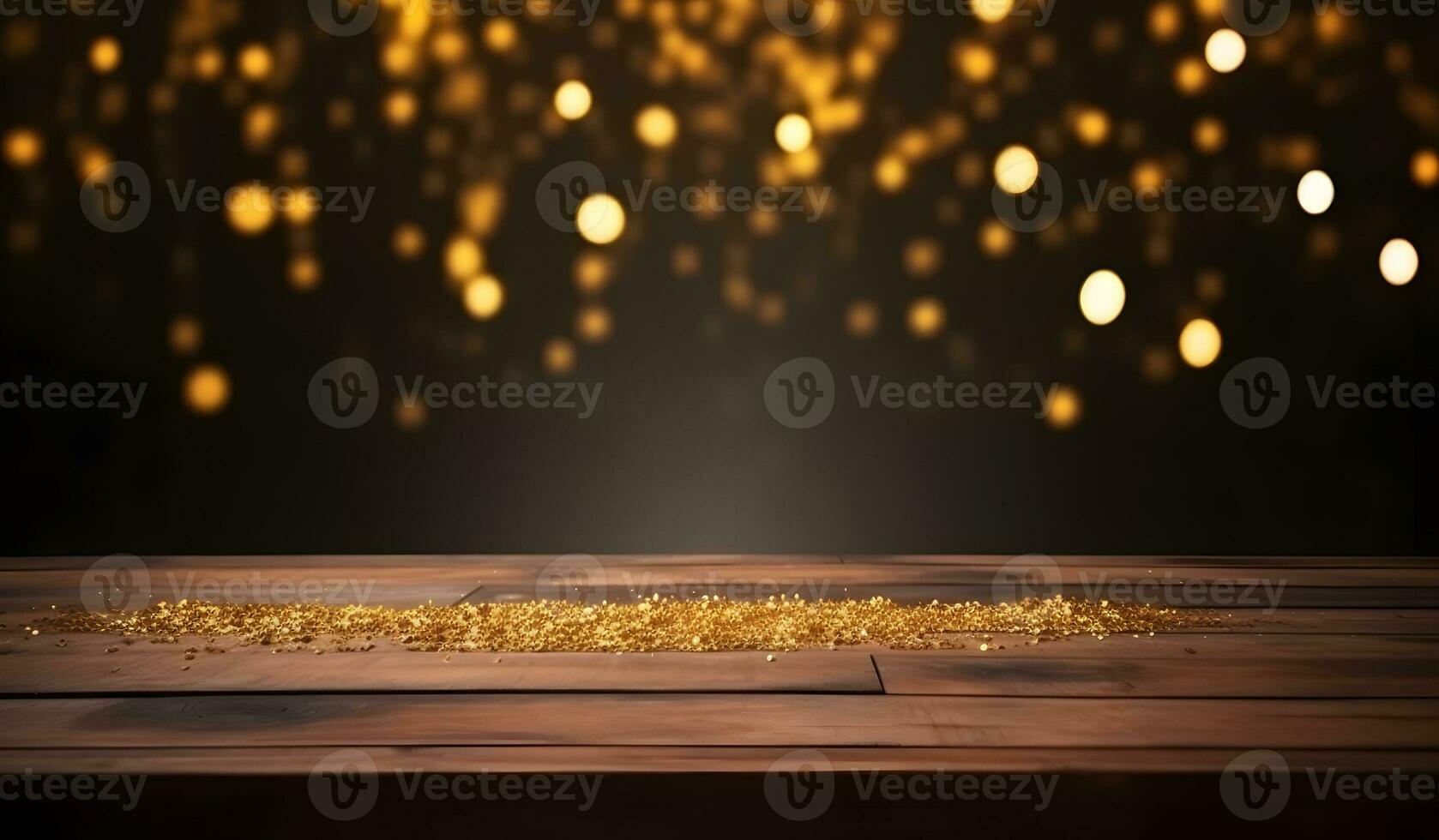 AI generated Wood table top of blurred abstract gold bokeh background with christmas lights. photo