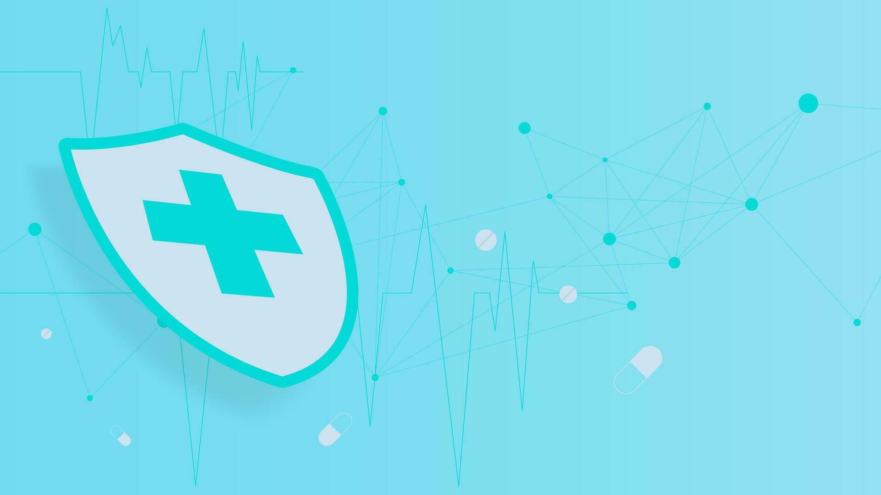 Medical shield with cross and drug. Antibacterial system, bacterial protection, virus safety and immune shield concept. Medical healthcare design background. Vector illustration.