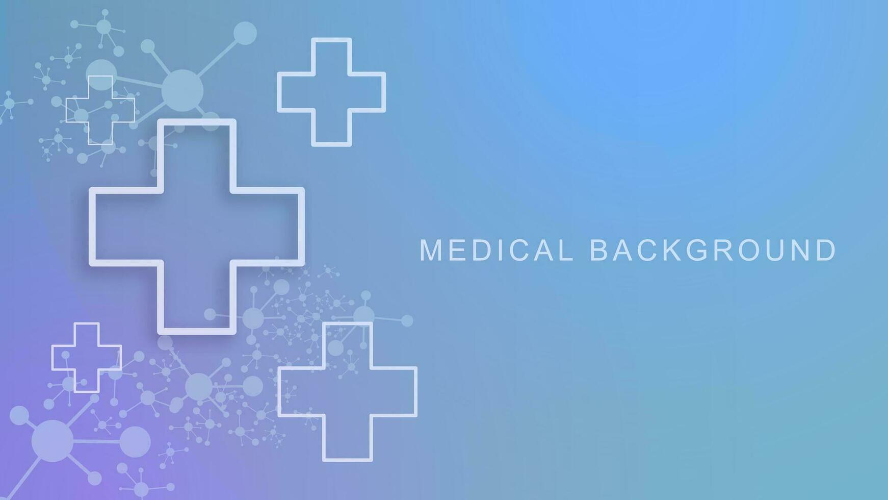 Medical cross with molecular structure on blue background. Innovation medicine, health care, medical and science design concept. Vector illustration.