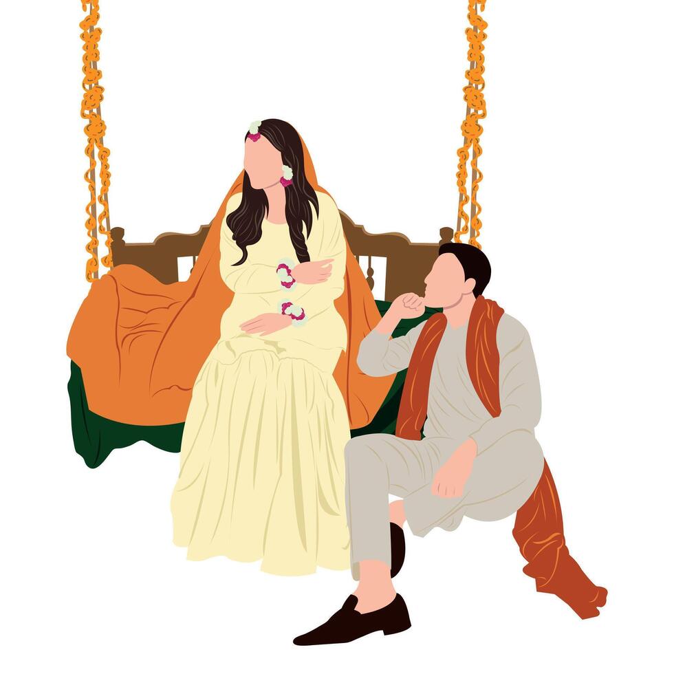 vector cute indian couple cartoon in traditional dress posing for wedding invitation card design