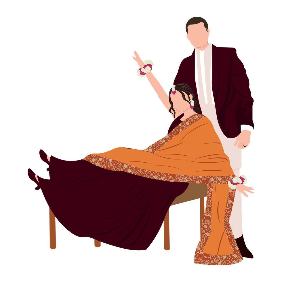 vector cute indian couple cartoon in traditional dress posing for wedding invitation card design