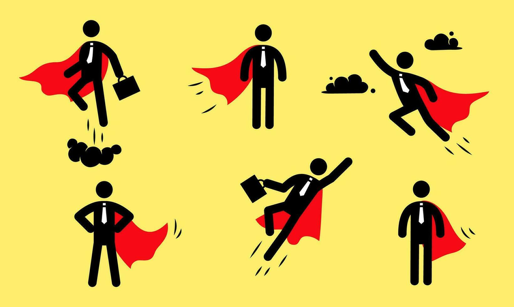 Superhero business pictogram man icon set. Superhero businessman flying stick figure. Victory worker, employer pictogram person vector