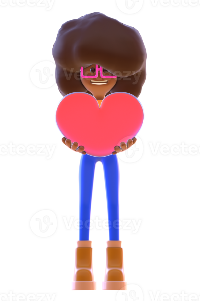 3D render of a cartoon character, a girl holding a red heart png