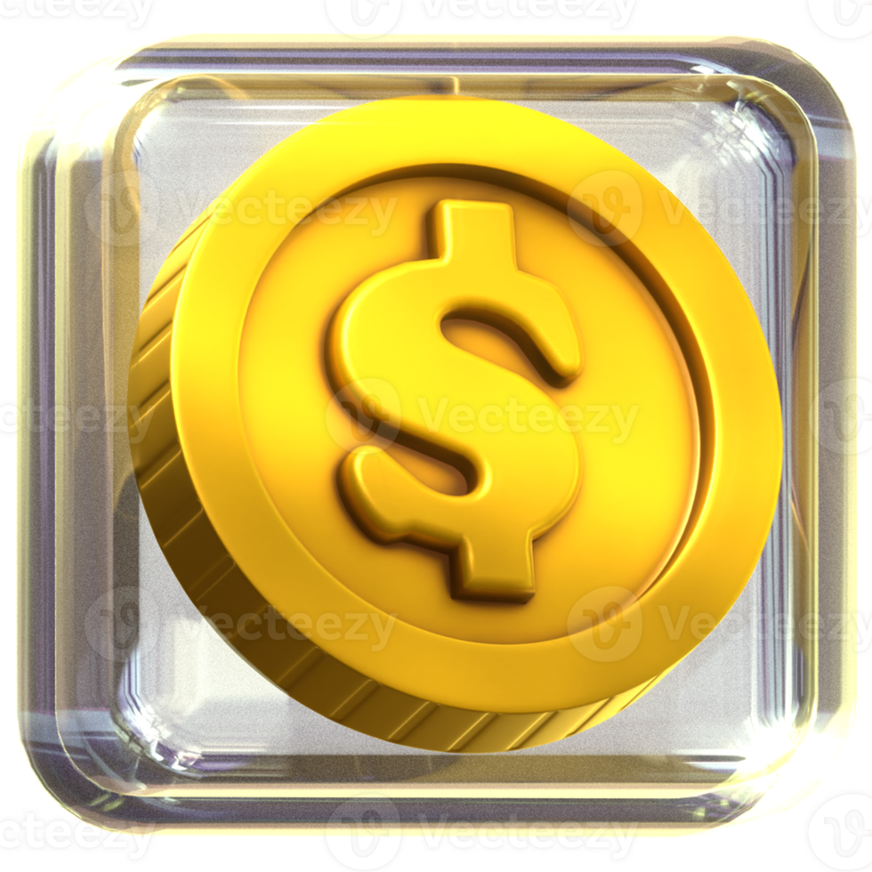 3D render icon of a coin inside a glass box png