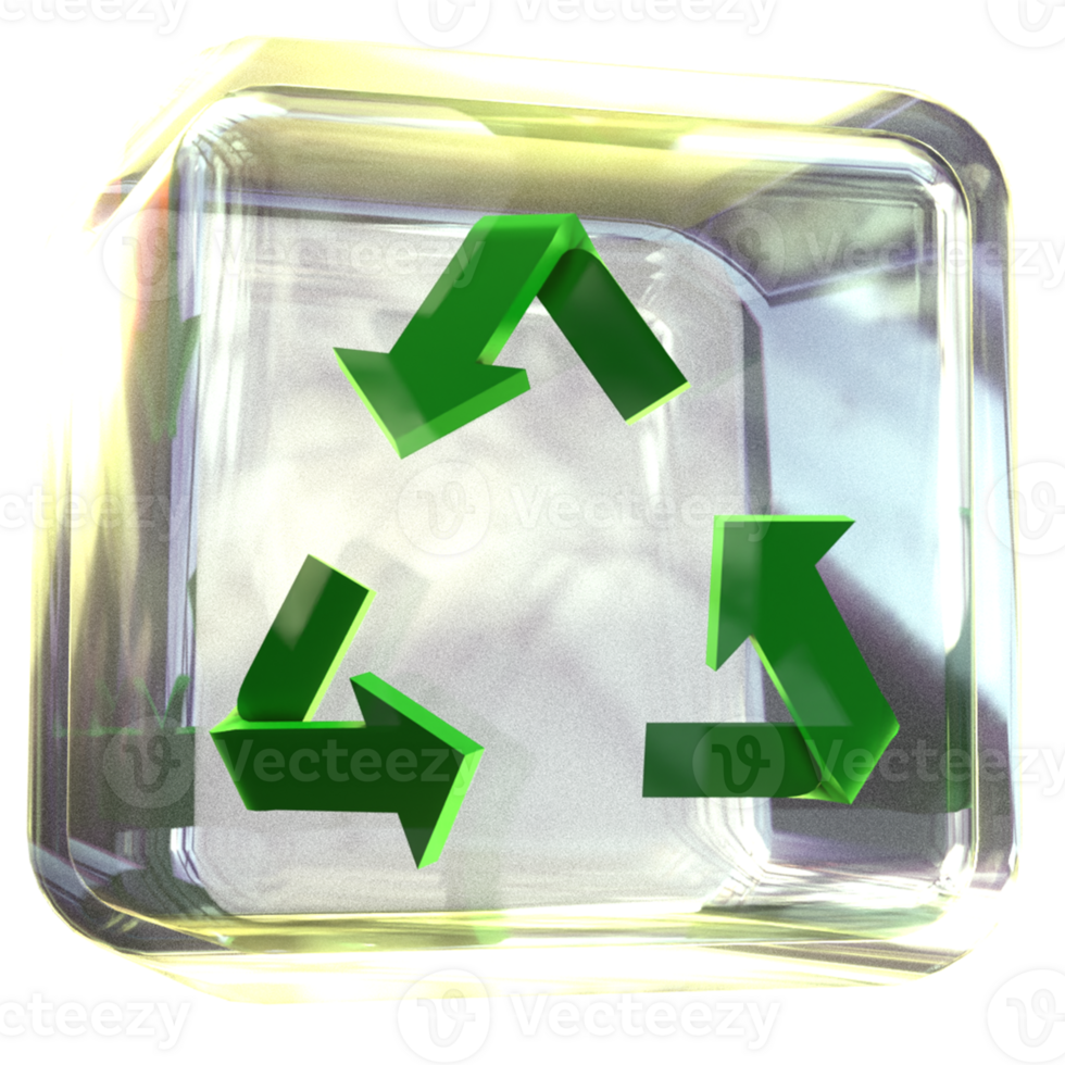 3D render icon of the recycling symbol inside a glass box png