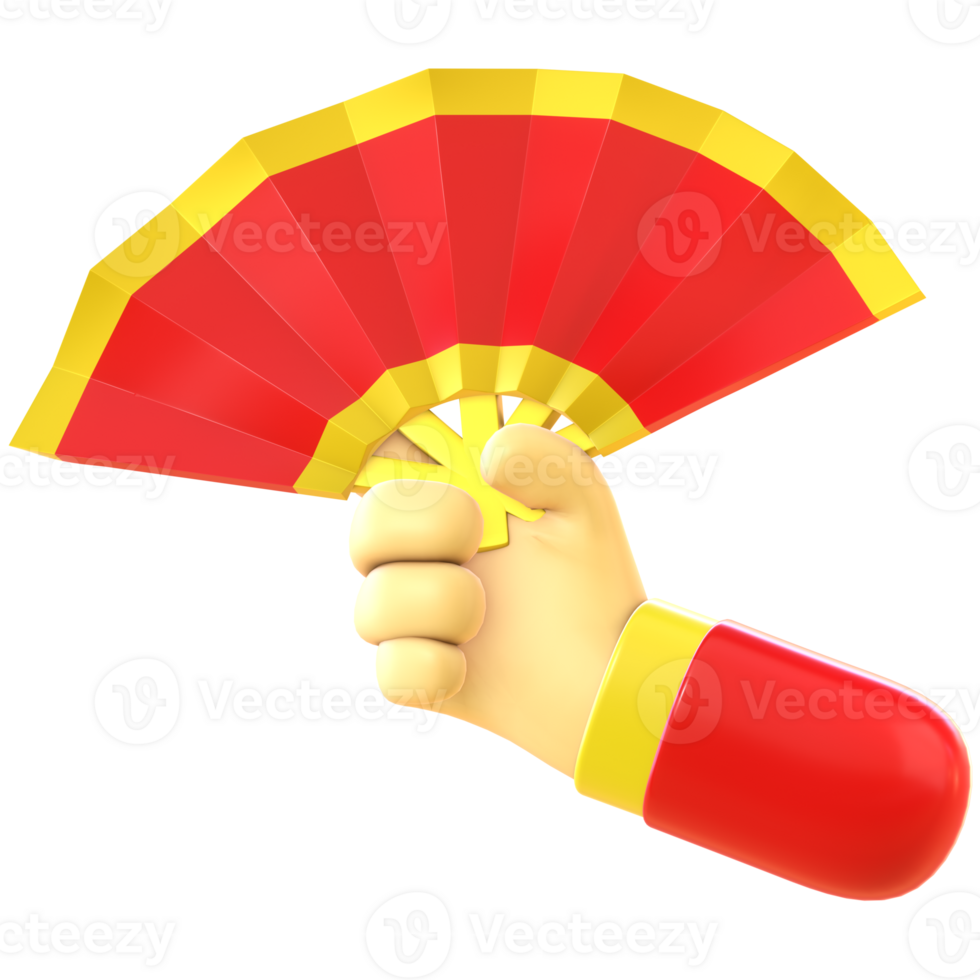 3D render icon of cartoon hand holding a red folding fan png