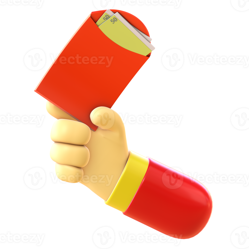 3D render of a cartoon hand holding a red envelope with Chinese currency png