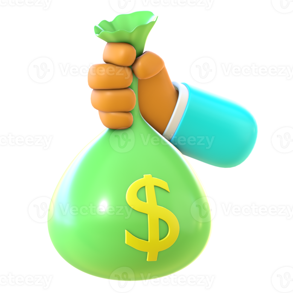 3D render of a cartoon hand icon holding a bag filled with dollar bills png