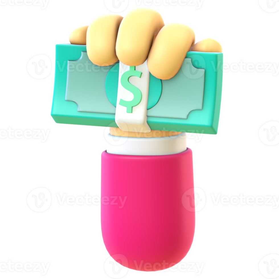 3D render of a cartoon hand icon holding dollar bills png