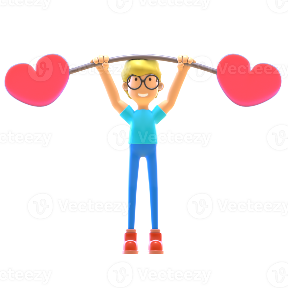 3D illustration of a male character holding two hearts png