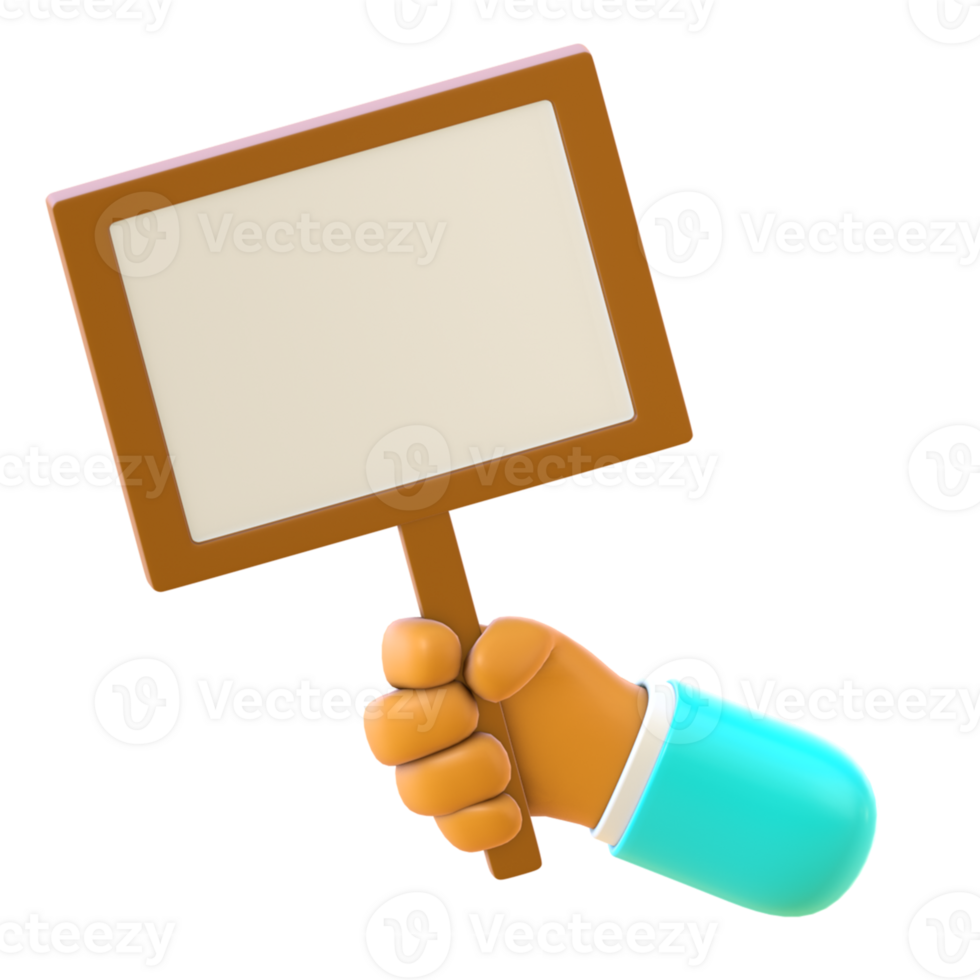 3D render of a cartoon hand icon holding a blank white board png