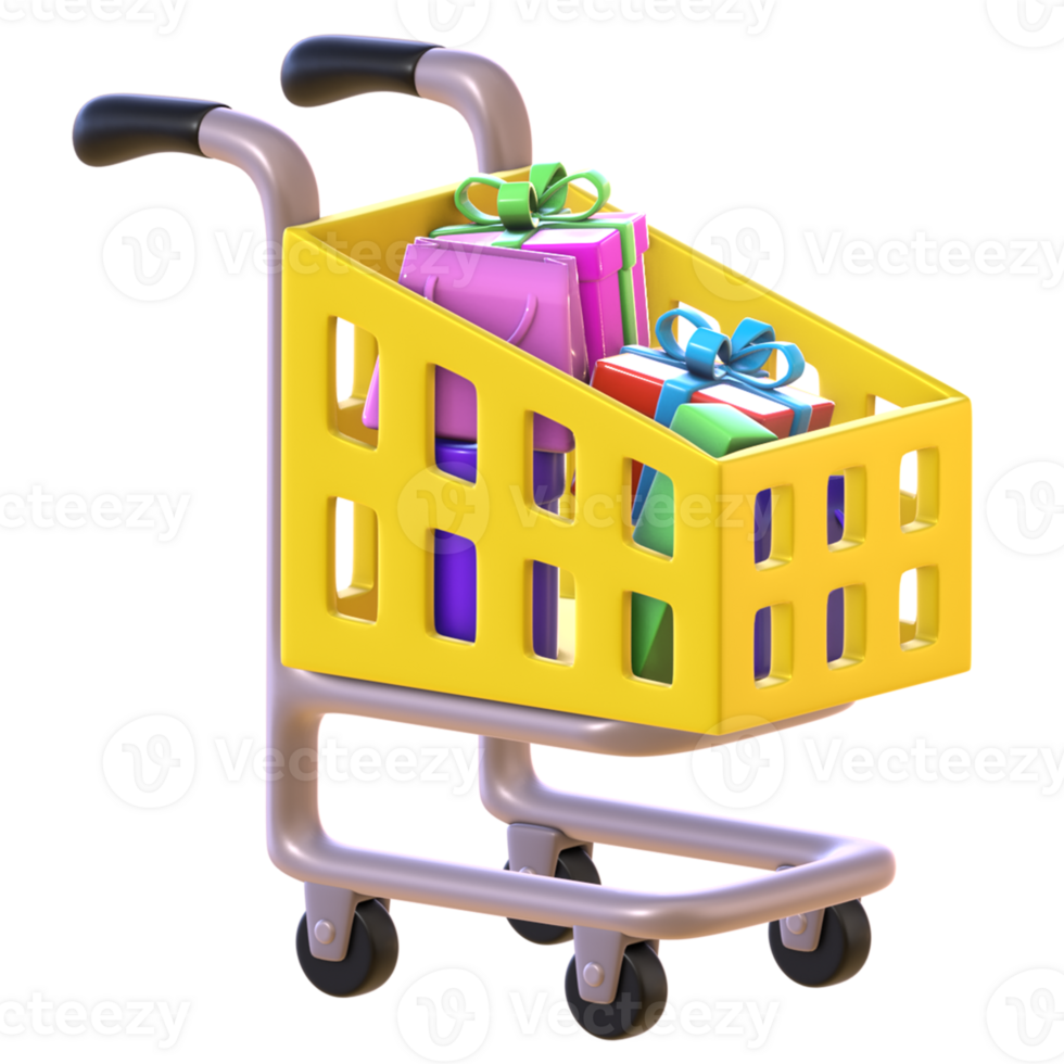 3D render of a shopping cart filled with gift presents png
