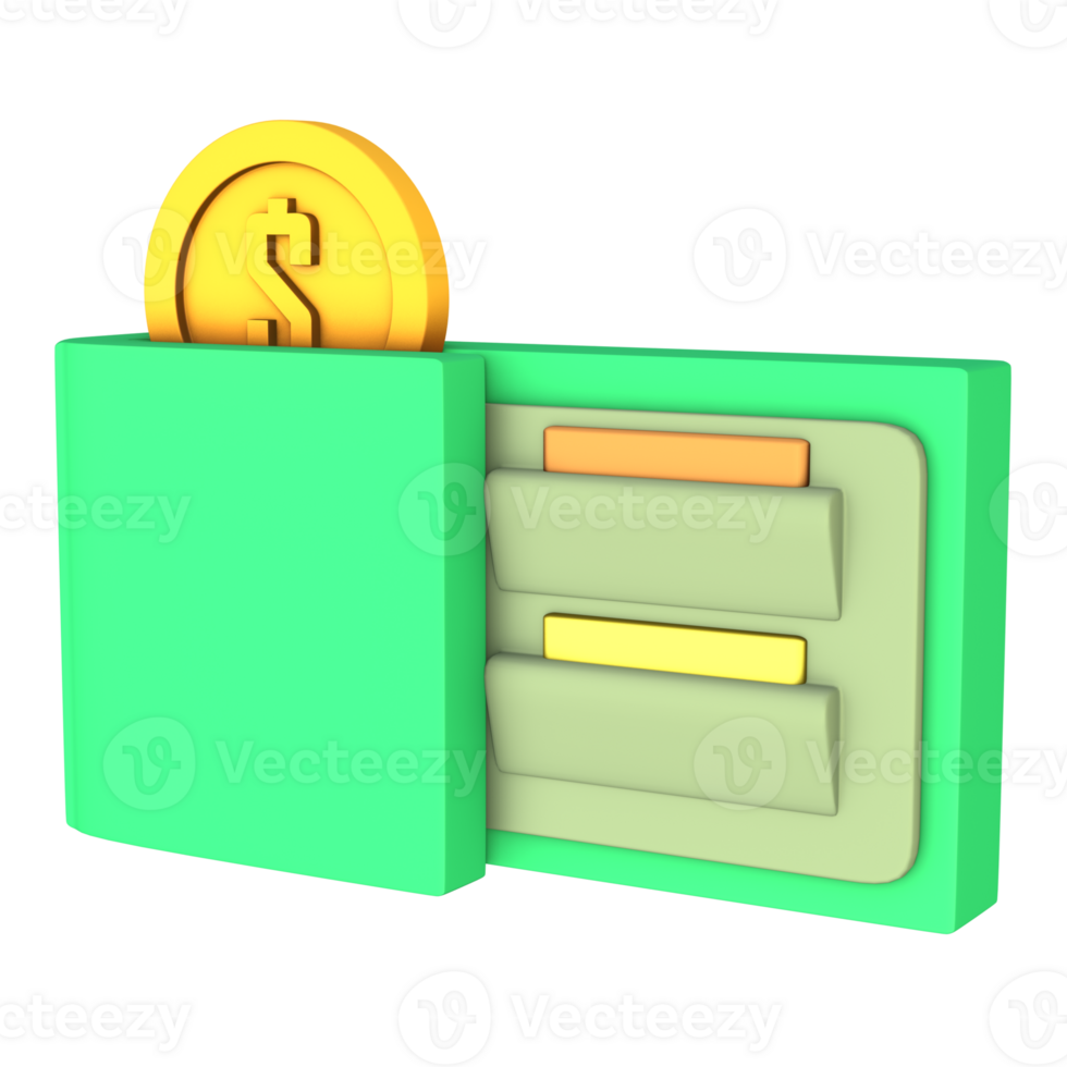 3D render icon of a wallet containing gold coins png