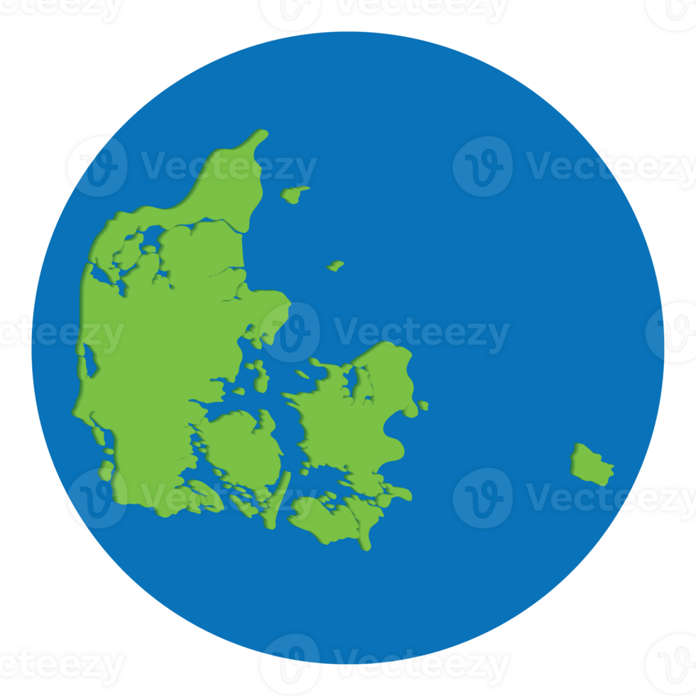 Map of Denmark. Danish map in green color in globe design with blue circle color. png