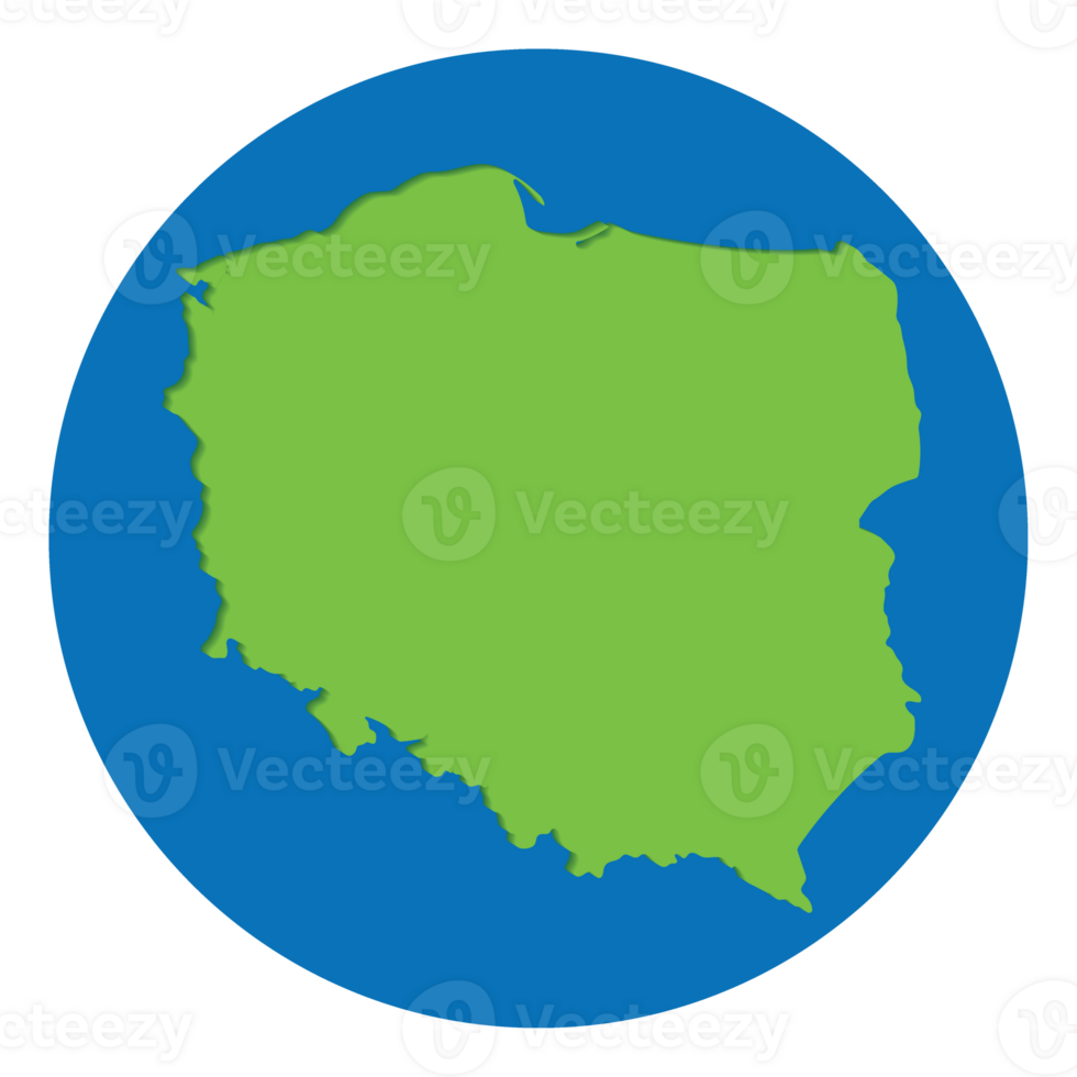 Poland map. Map of Poland in green color in globe design with blue circle color. png