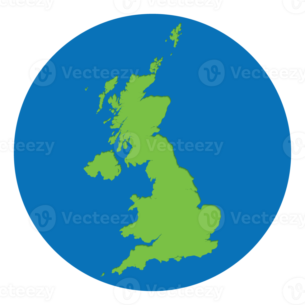 United Kingdom Regions map. Map of United Kingdom igreen color in globe design with blue circle color. png