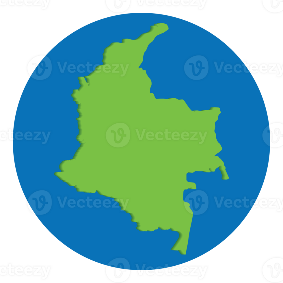 Colombia map. Map of Colombia in green color in globe design with blue circle color. png