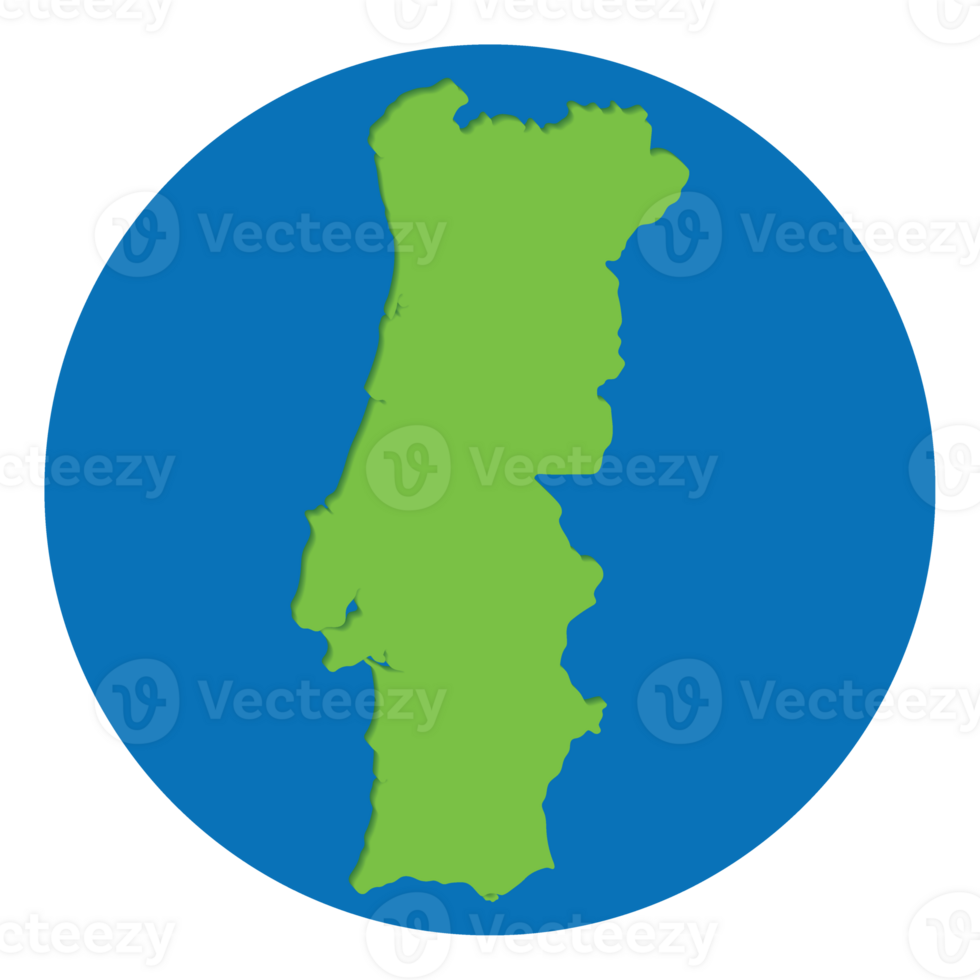 Portugal map. Map of Portugal in green color in globe design with blue circle color. png