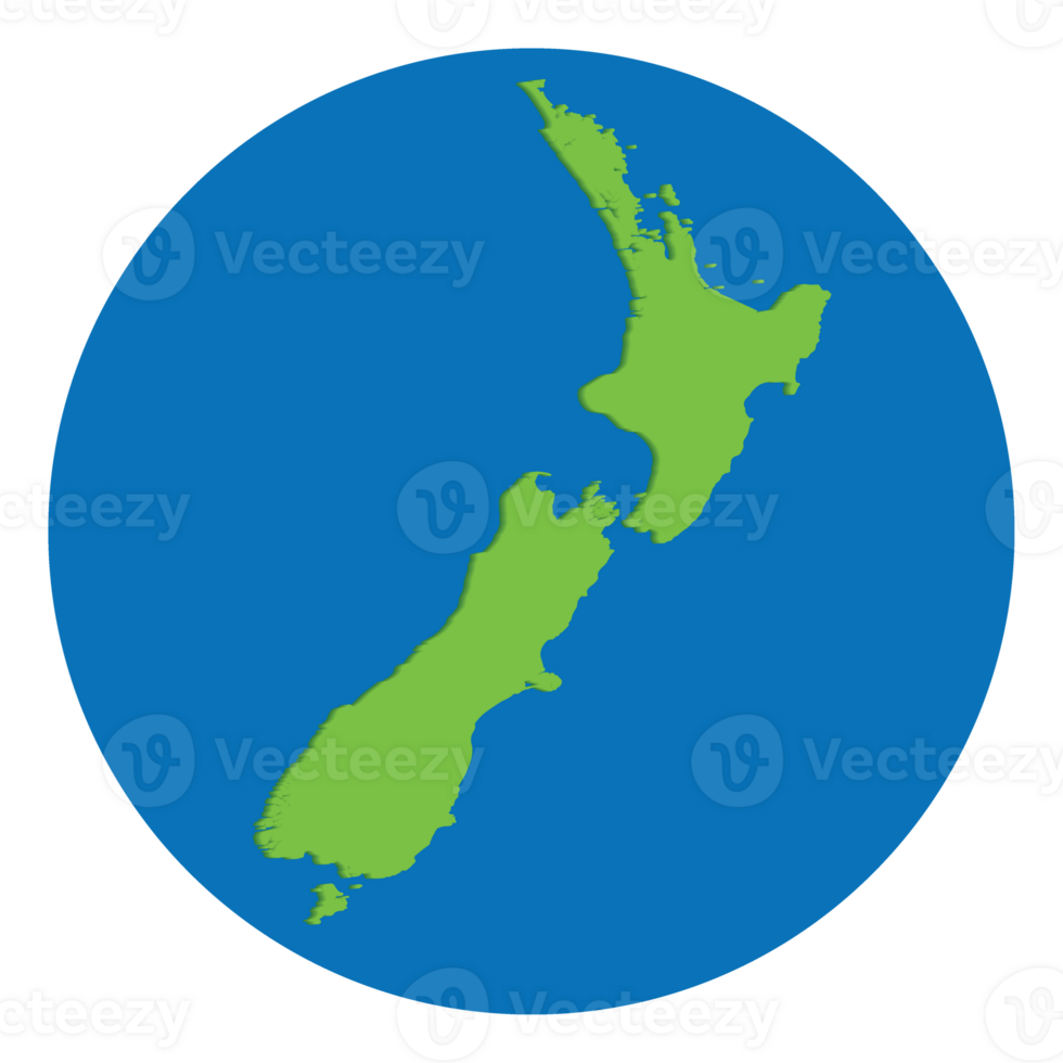 New Zealand map. Map of New Zealand in green color in globe design with blue circle color. png