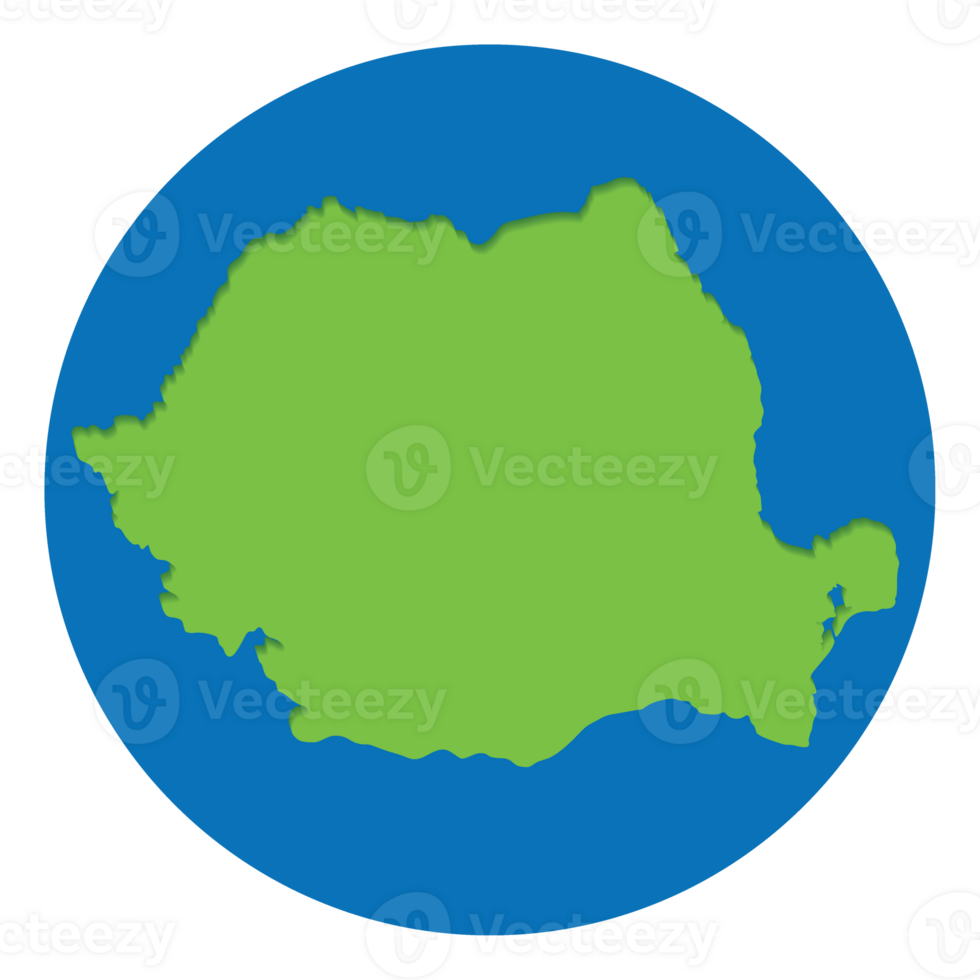 Romania map. Map of Romania in green color in globe design with blue circle color. png