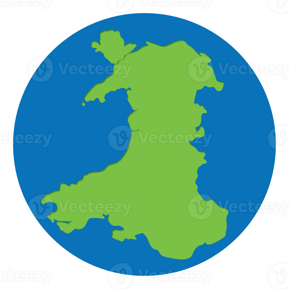 Wales map green color in globe design with blue circle color. png