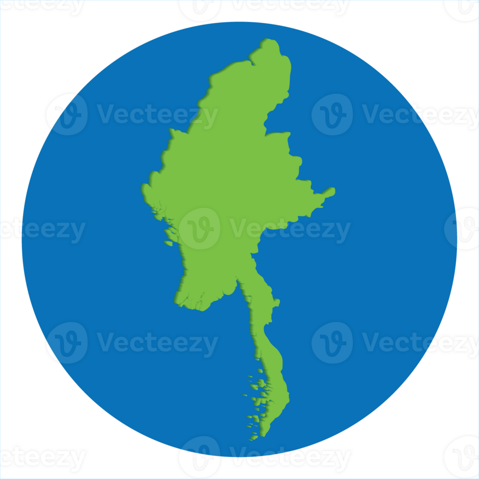 Myanmar map green color in globe design with blue circle color. png