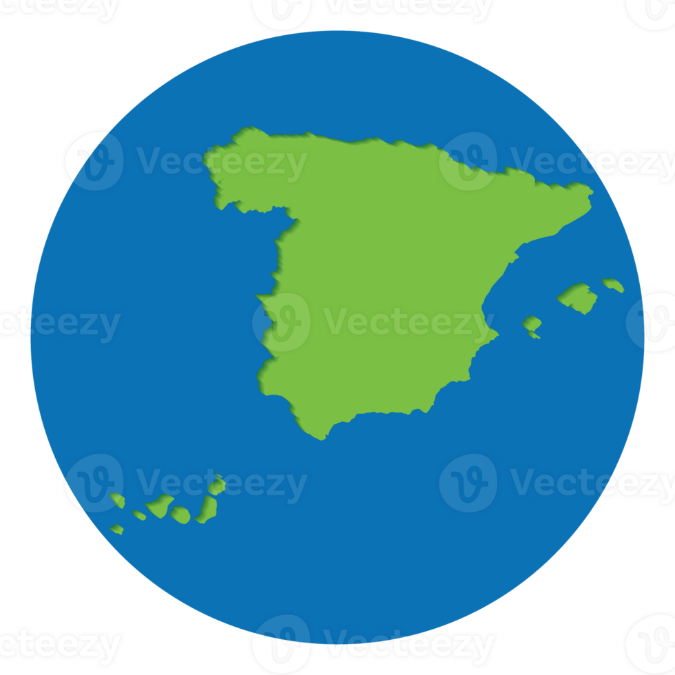Spain map green color in globe design with blue circle color. png