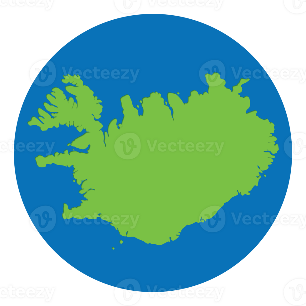 Iceland map. Map of Iceland in green color in globe design with blue circle color. png