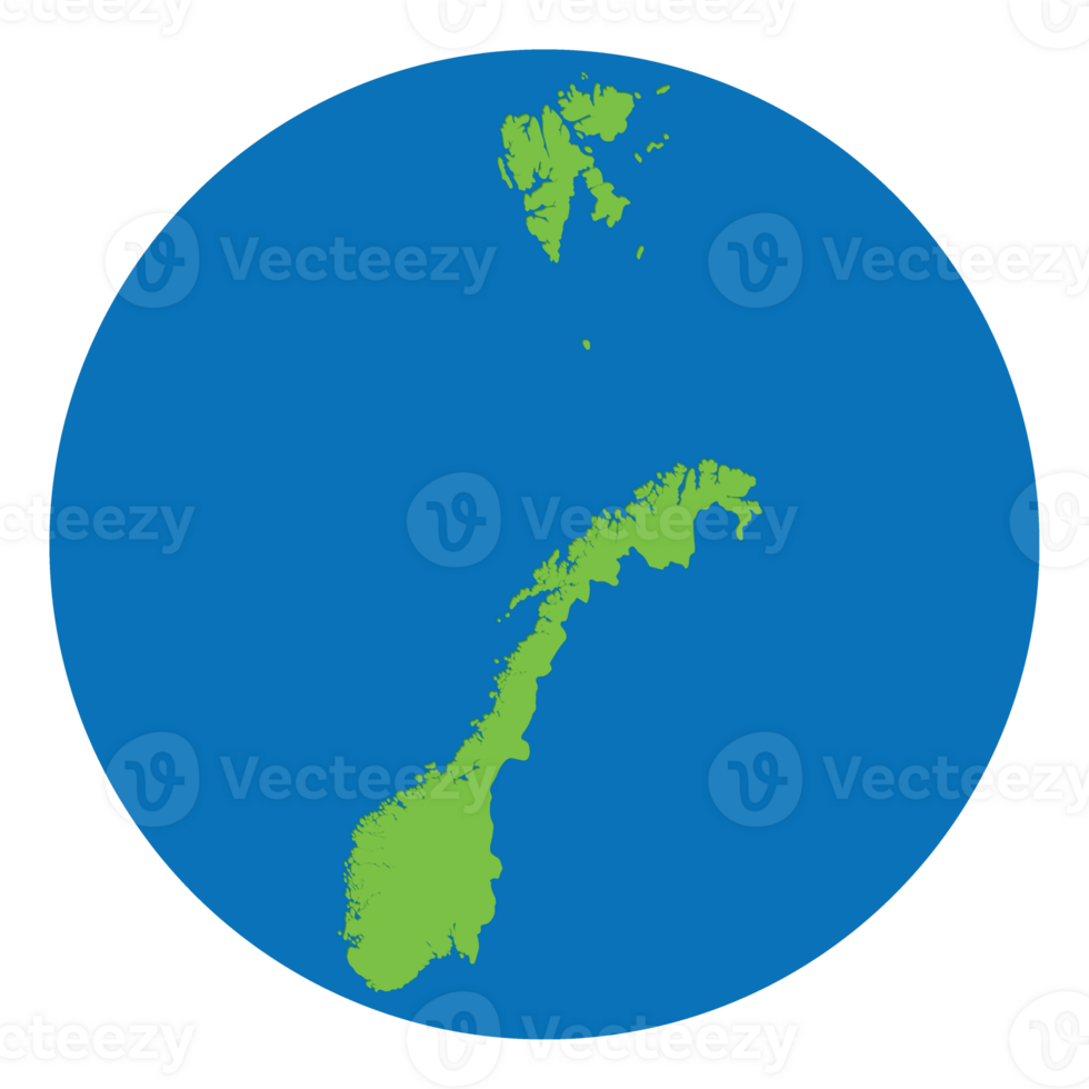 Norway map. Map of Norway in green color in globe design with blue circle color. png
