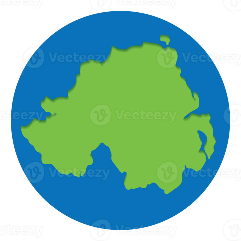 Northern Ireland map. Map of Northern Ireland in green color in globe design with blue circle color. png