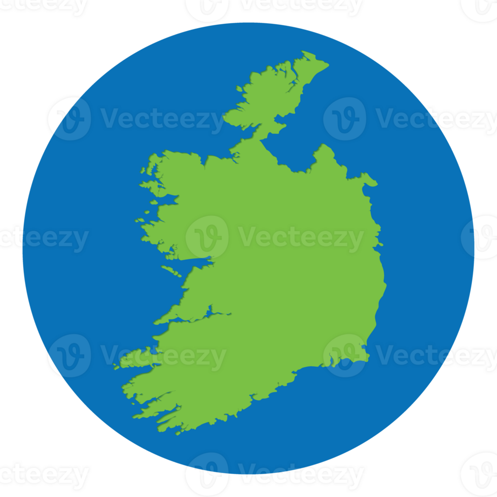Ireland map. Map of Ireland in green color in globe design with blue circle color. png