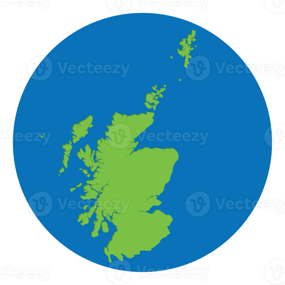 Scotland map. Map of Scotland in green color in globe design with blue circle color. png